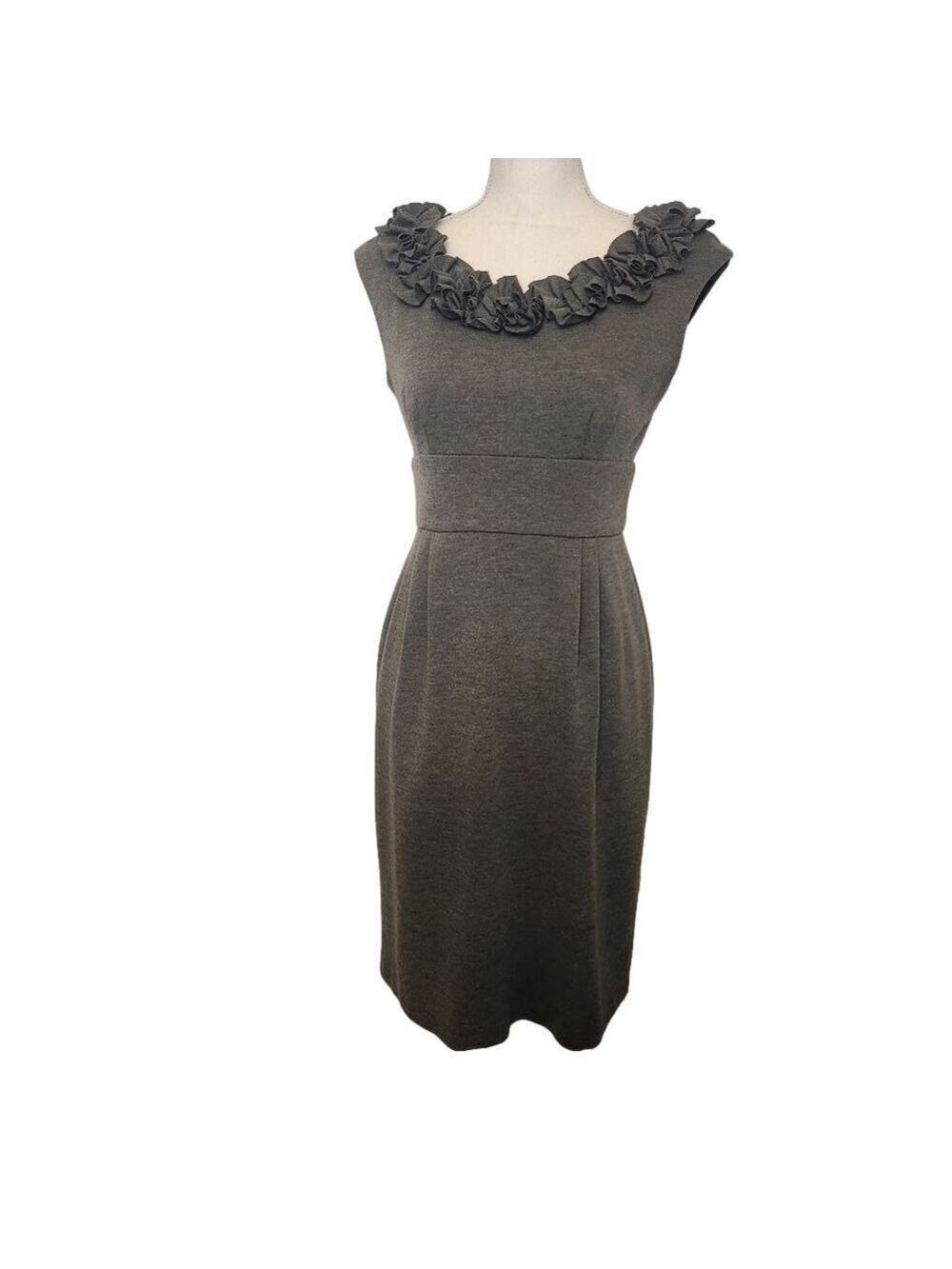 London Times Gray Midi Dress with Floral Neckline Sz: 8 Jersey material